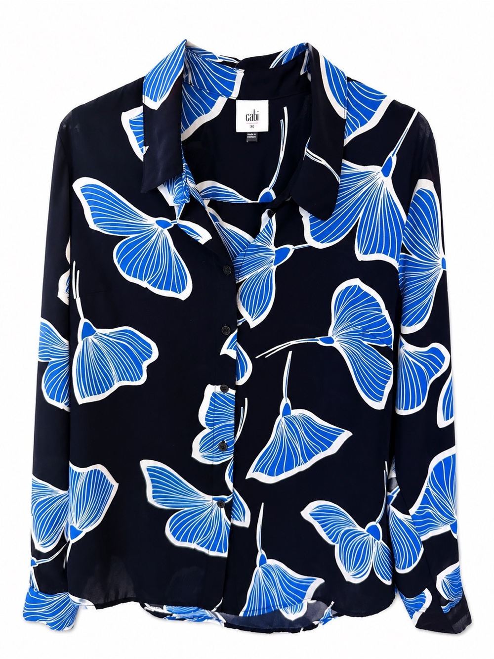 CAbi Black Button-Down with Blue Floral Print